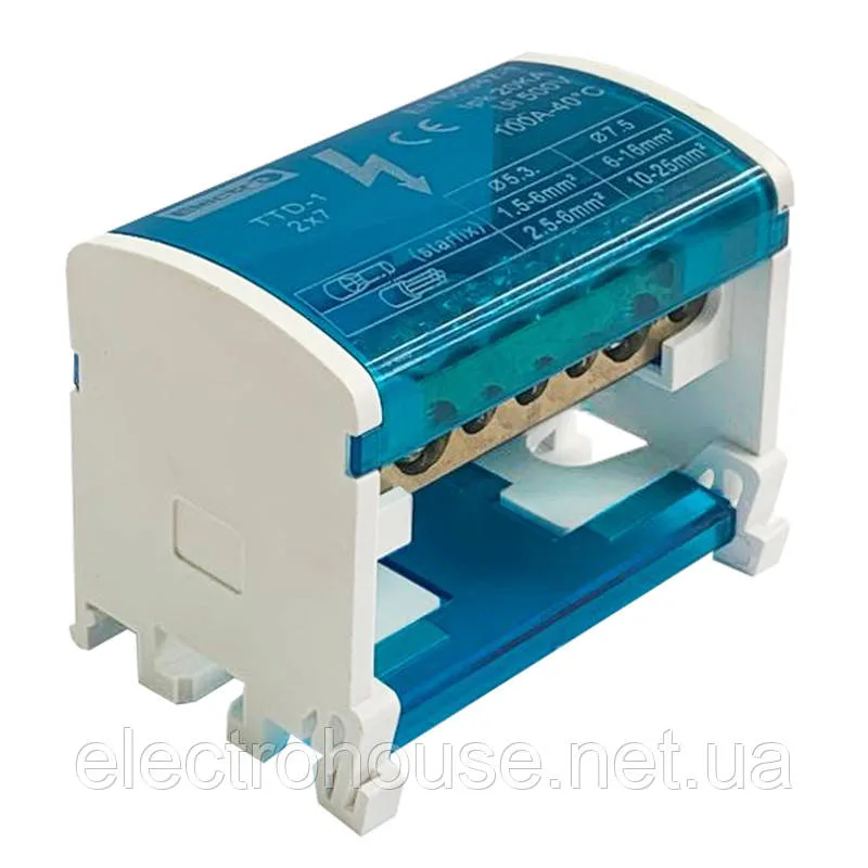 Шина нульова TTD (207) в корпусі, 2 п., 7 отв., 100А