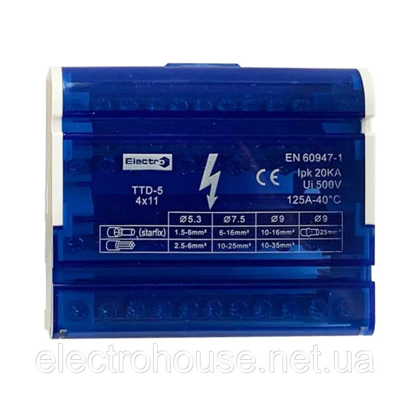 Шина нульова TTD (411) в корпусі, 4 п., 11 отв., 125А