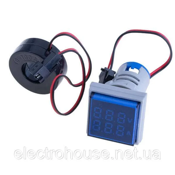 Вольтметр/амперметр AC 50-500V/0-100A вбудовується на панель, синій, квадратний AD16-22VAMS