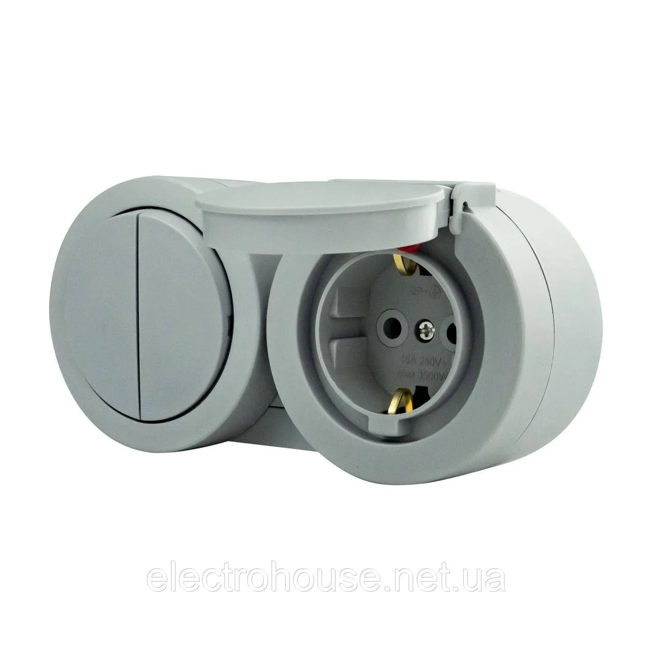 Розетка накладна з/з 16А + вимикач 2-кл кришкою  сіра 16А xOne