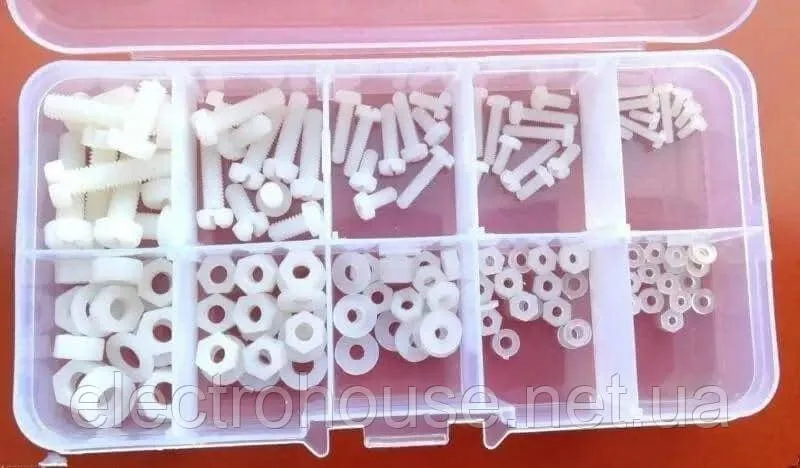 Набір 150шт ПВХ М2, М2,5, М3, М4, М5 болтів та гайок та шайб нейлонових білих