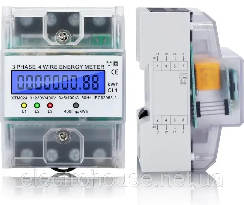 Лічильник 3Ф  на дін рейку (100)А 400V 50Hz з підсвічуванням дисплея  DTS6619-018