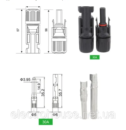 Конектор MC4 фотоелектричний 1000V 30A IP67 чорний сонячні системи*