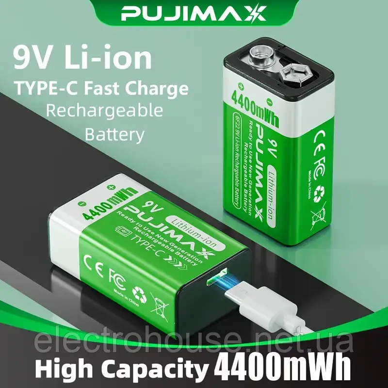 Акумулятор Крона Pujimax  з USB TYPE-C Li-Ion 9V, 4400mAh