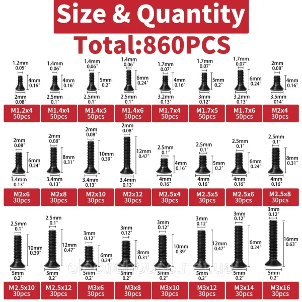 860 шт. Набір чорних металічних болтів M1.2 M1.4 M1.7 M2 M2.5 M3