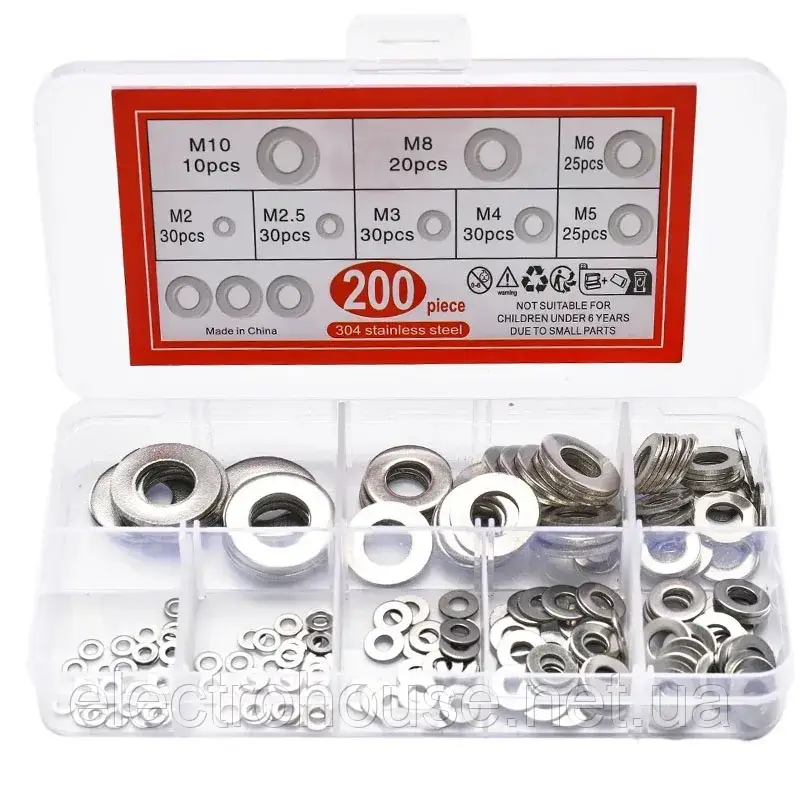 200 шт. Набір плоских шайб з нержавіючої сталі 304 M2 M2.5 M3 M4 M5 M6 M8 M10 M12