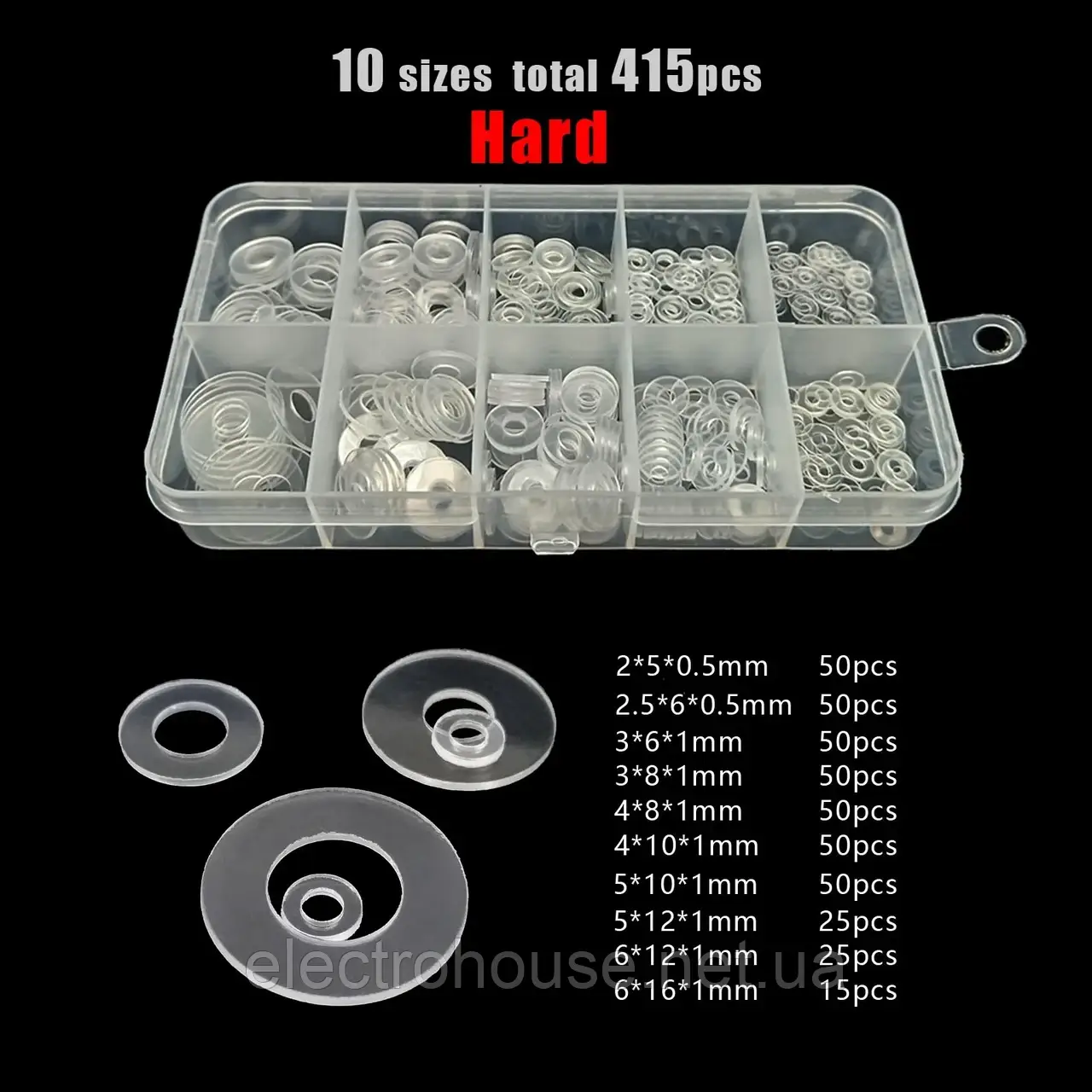 Набір 415 шт. прозора плоска шайба ізоляційна M2 M2,5 M3 M4 M5 M6M8M10M12, набір пластикових ПВХ