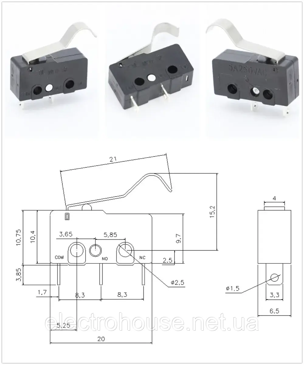 Мікроперемикач 3PIN 5A 250V KW11-3Z подовжений важель