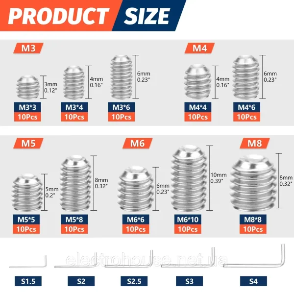 Набір 100шт гвинтів M3 - M8 з шестигранним ключем з нержавіючої сталі 304