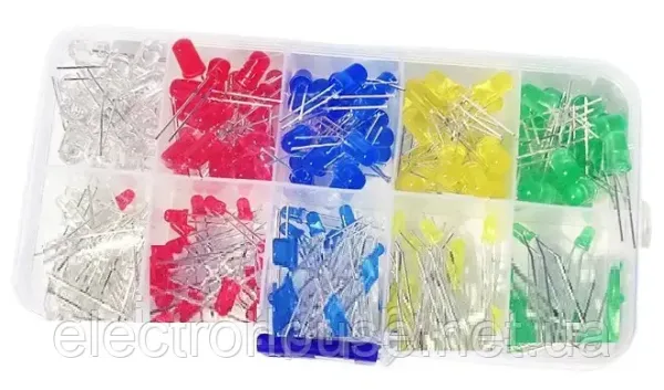 Набір 200шт світлодіодів 3 мм-5 мм 5 кольорів, набір у кейсі