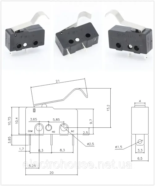 Мікроперемикач 3PIN 5A 250V KW11-3Z вигнутий важель