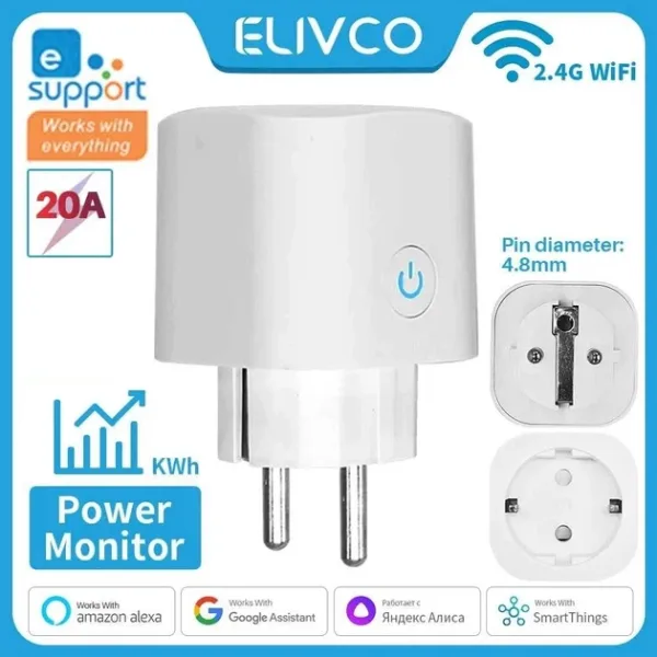 Розумна розетка Elivco Ewelink Wi-Fi Plug EU 20A, Ewelink, Amazon Alexa, Google Home Google Assistant