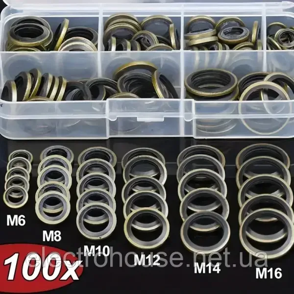 100 шт. Комплект прокладок для масляного зливу - M6/M8/M10/M12/M14