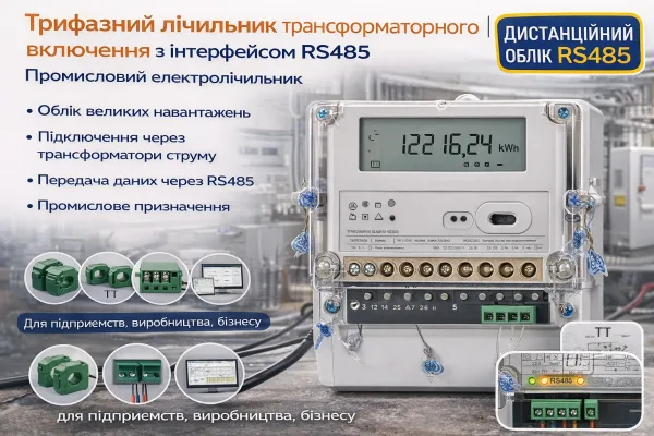 Трифазний лічильник електроенергії трансформаторного включення RS485